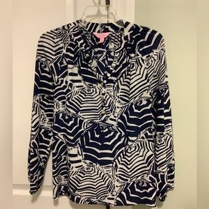 Lilly Pulitzer Elsa XS Top Navy/White Umbrella Print Silk long sleeves preowned